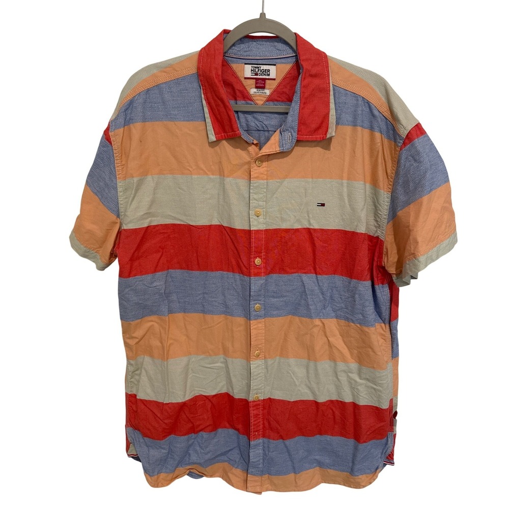Tommy Hilfiger Denim Mens XXL Slim Fit Short Sleeve Striped Button‎ Down Shirt